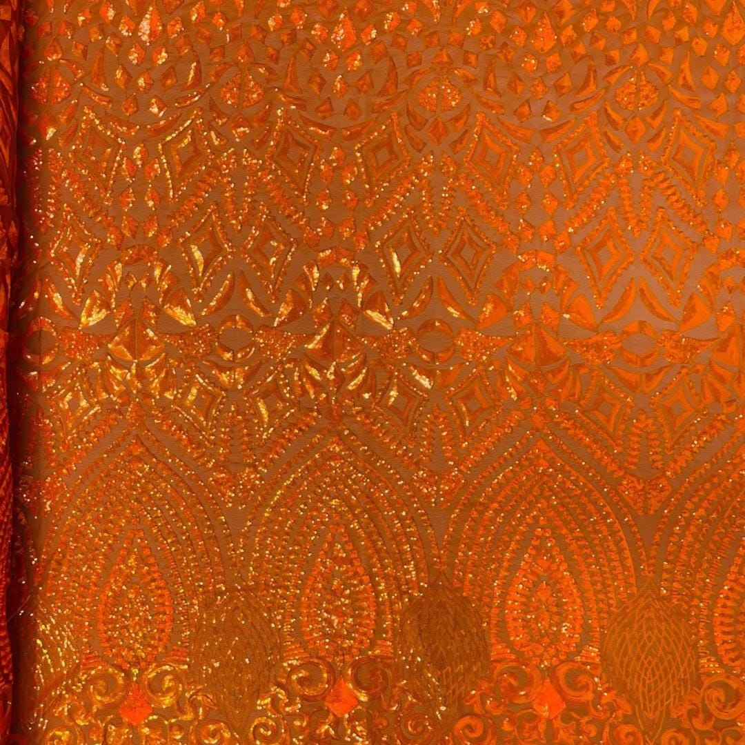 Geometric Design Luxury Iridescent Shiny Sequin - ORANGE - 4 Way Stretch Mesh Fabric – Prom & Evening Dress Material By The Yard.