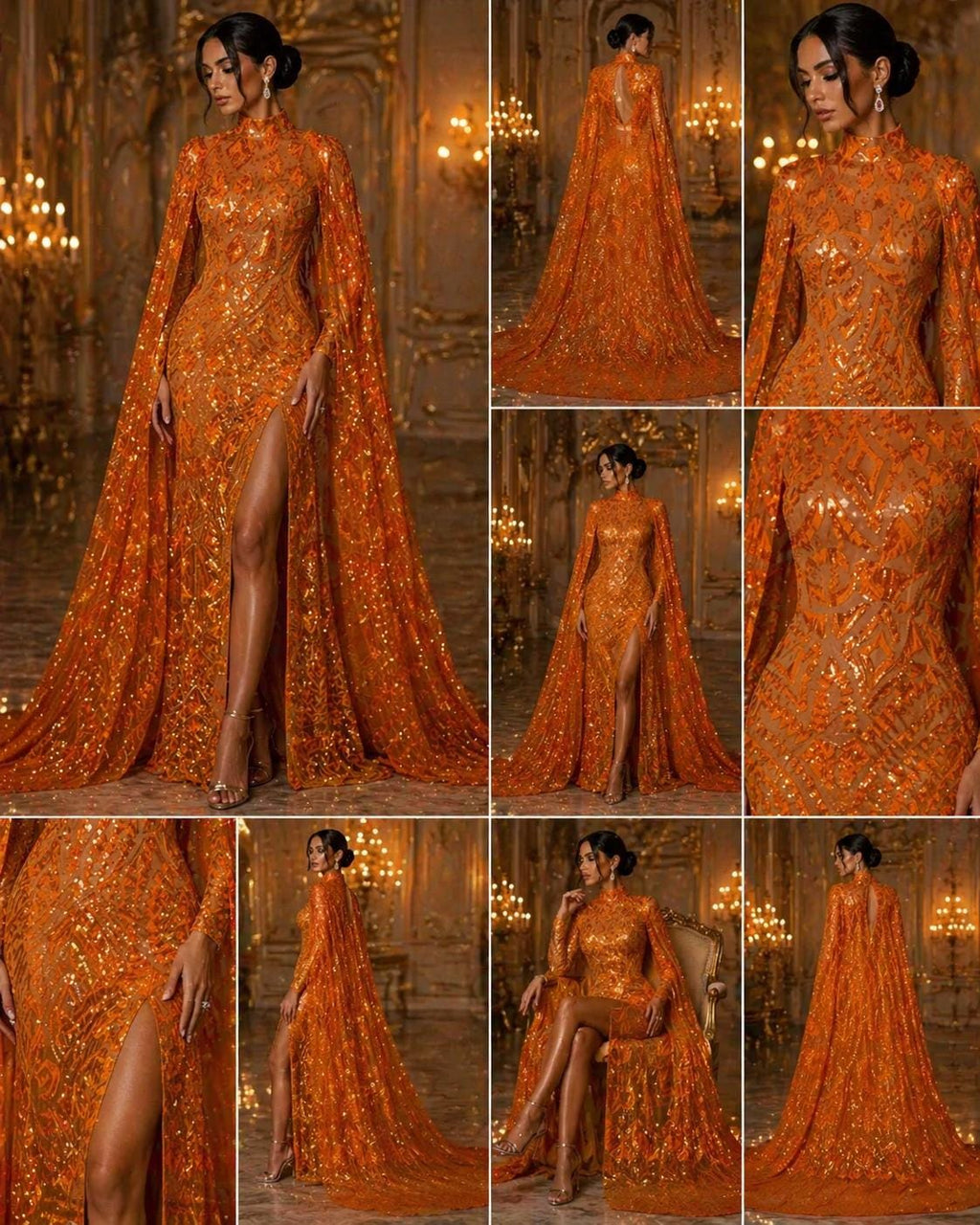 Geometric Design Luxury Iridescent Shiny Sequin - ORANGE - 4 Way Stretch Mesh Fabric – Prom & Evening Dress Material By The Yard.