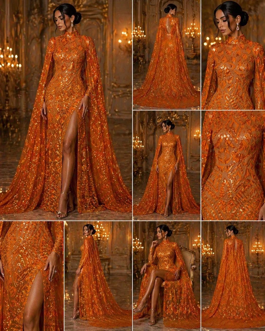 Geometric Design Luxury Iridescent Shiny Sequin - ORANGE - 4 Way Stretch Mesh Fabric – Prom & Evening Dress Material By The Yard.