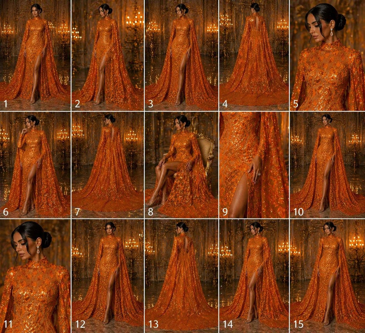 Geometric Design Luxury Iridescent Shiny Sequin - ORANGE - 4 Way Stretch Mesh Fabric – Prom & Evening Dress Material By The Yard.