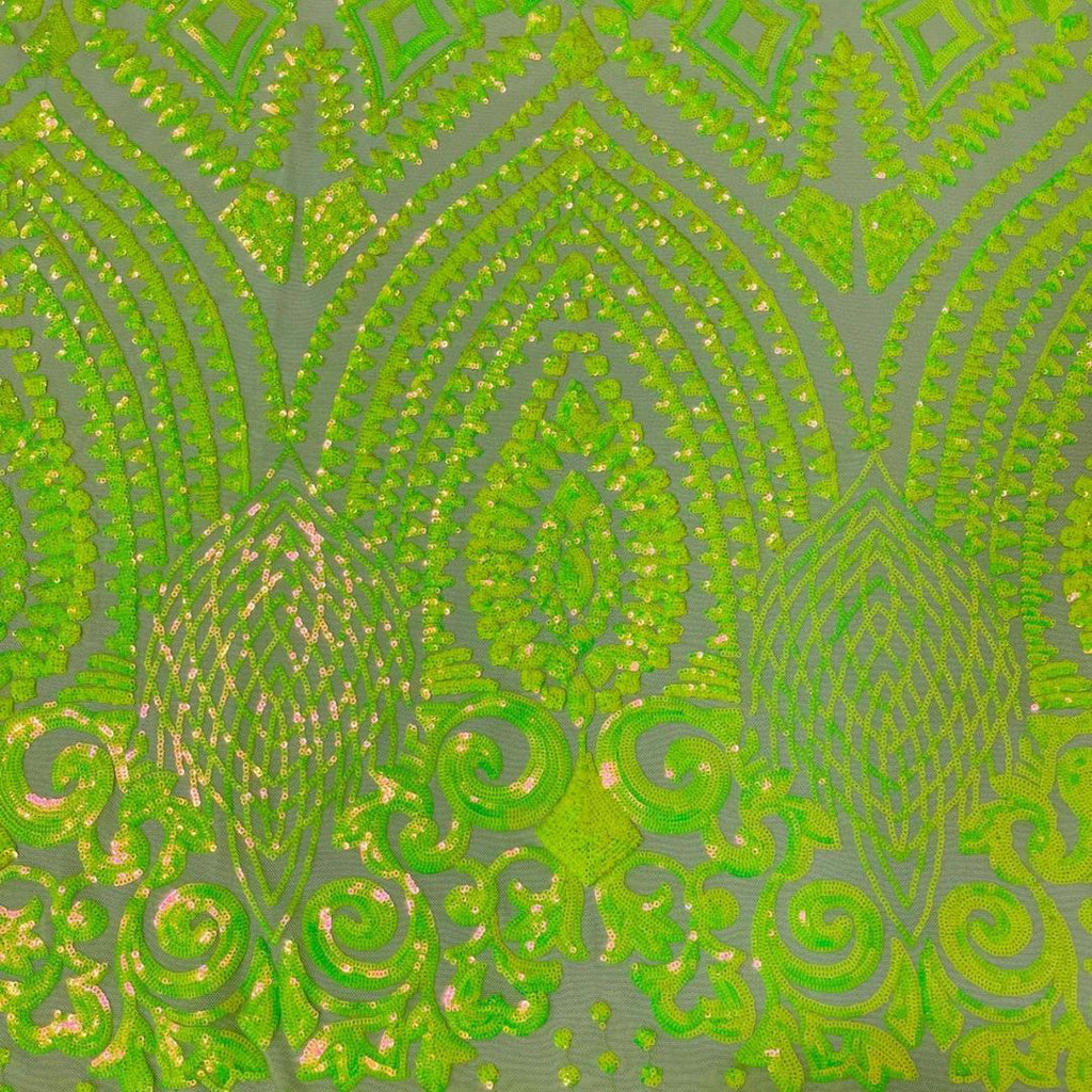 Geometric Design Luxury Iridescent Shiny Sequin - LIME - 4 Way Stretch Mesh Fabric – Prom & Evening Dress Material By The Yard.