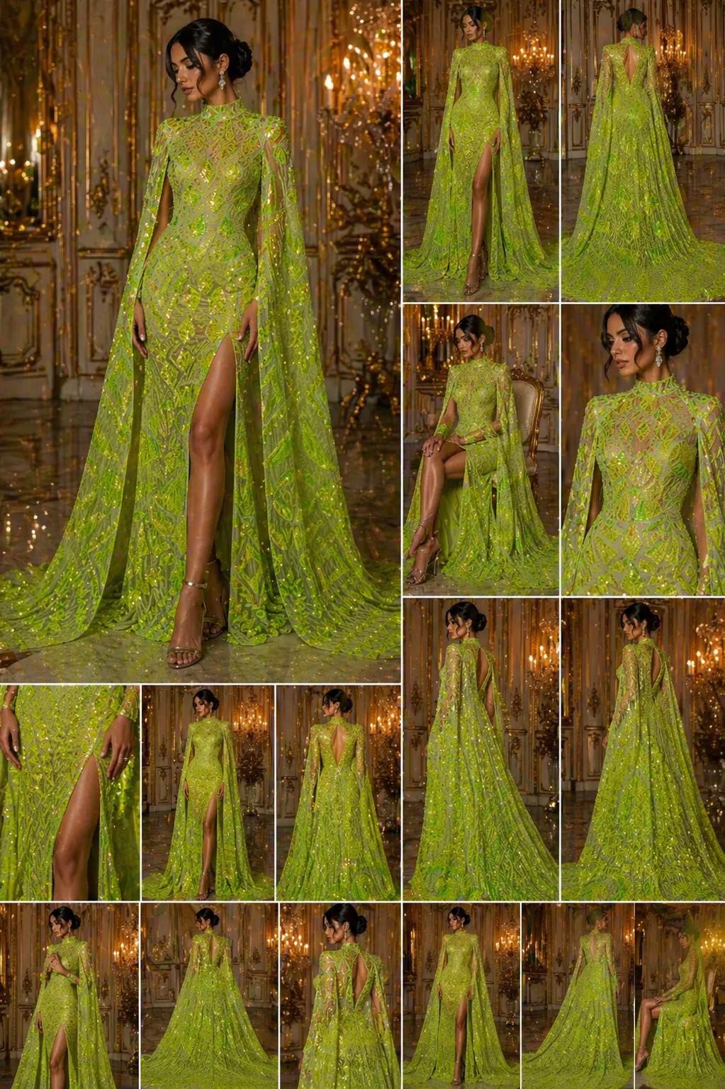 Geometric Design Luxury Iridescent Shiny Sequin - LIME - 4 Way Stretch Mesh Fabric – Prom & Evening Dress Material By The Yard.