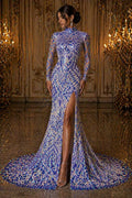 Geometric Design Luxury Iridescent Shiny Sequin - LAVENDER - 4 Way Stretch Mesh Fabric – Prom & Evening Dress Material By The Yard.