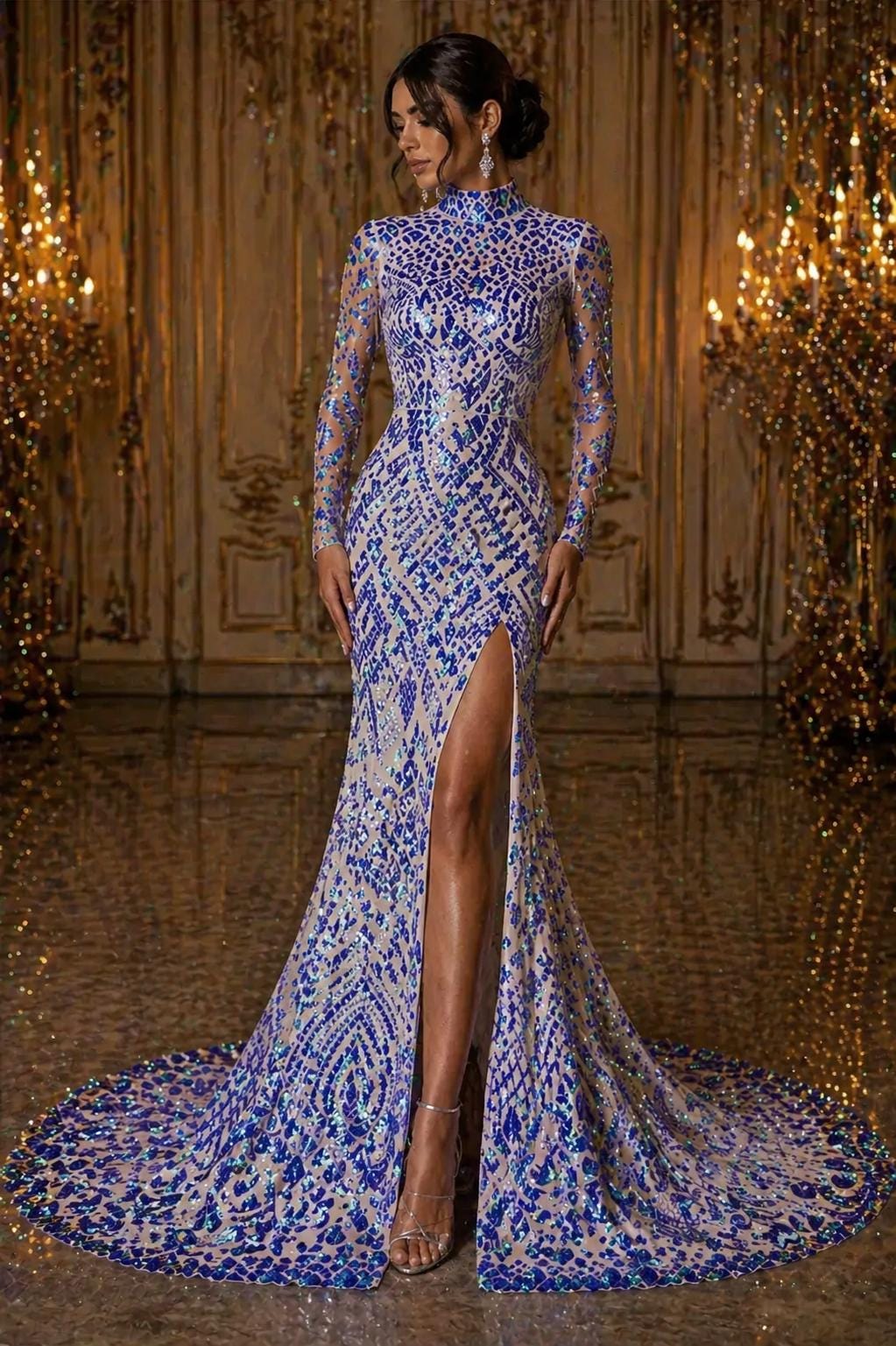 Geometric Design Luxury Iridescent Shiny Sequin - LAVENDER - 4 Way Stretch Mesh Fabric – Prom & Evening Dress Material By The Yard.