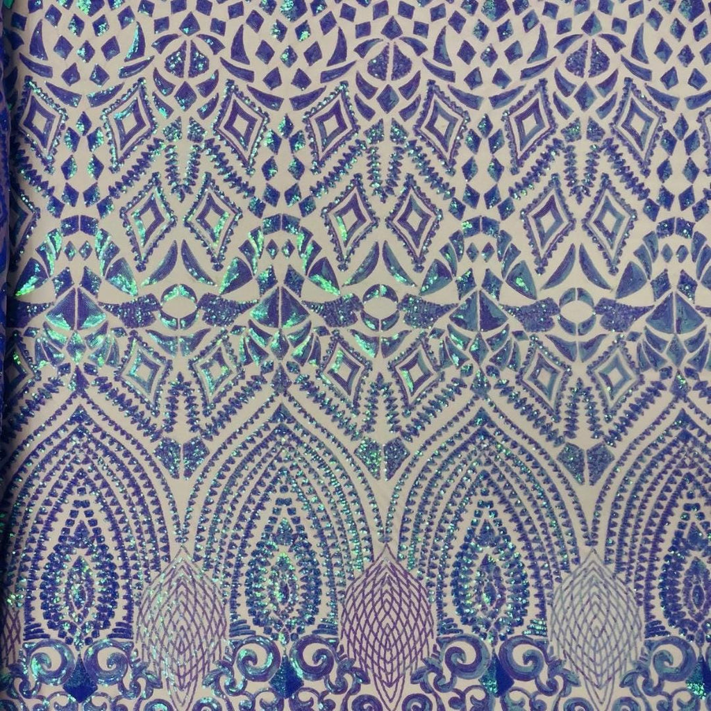 Geometric Design Luxury Iridescent Shiny Sequin - LAVENDER - 4 Way Stretch Mesh Fabric – Prom & Evening Dress Material By The Yard.