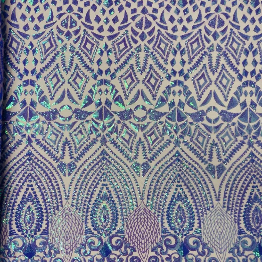 Geometric Design Luxury Iridescent Shiny Sequin - LAVENDER - 4 Way Stretch Mesh Fabric – Prom & Evening Dress Material By The Yard.