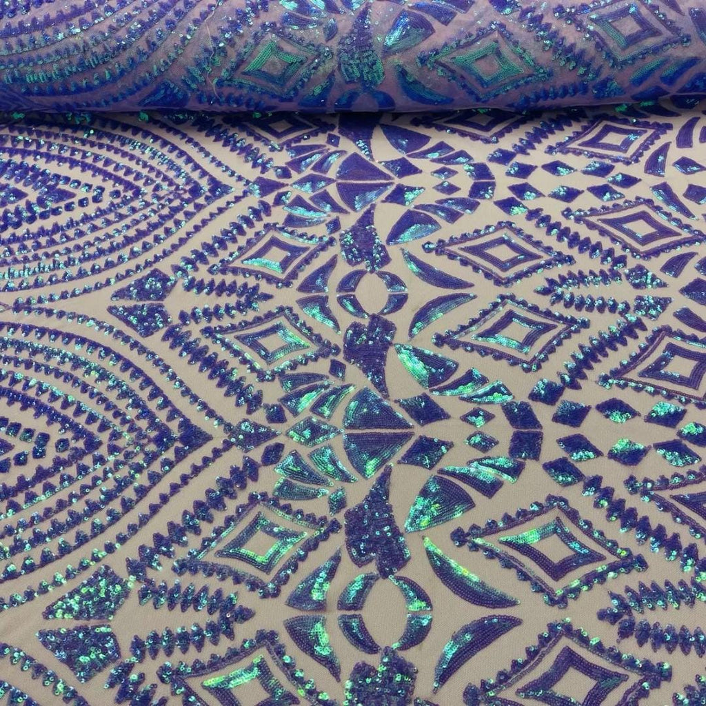 Geometric Design Luxury Iridescent Shiny Sequin - LAVENDER - 4 Way Stretch Mesh Fabric – Prom & Evening Dress Material By The Yard.