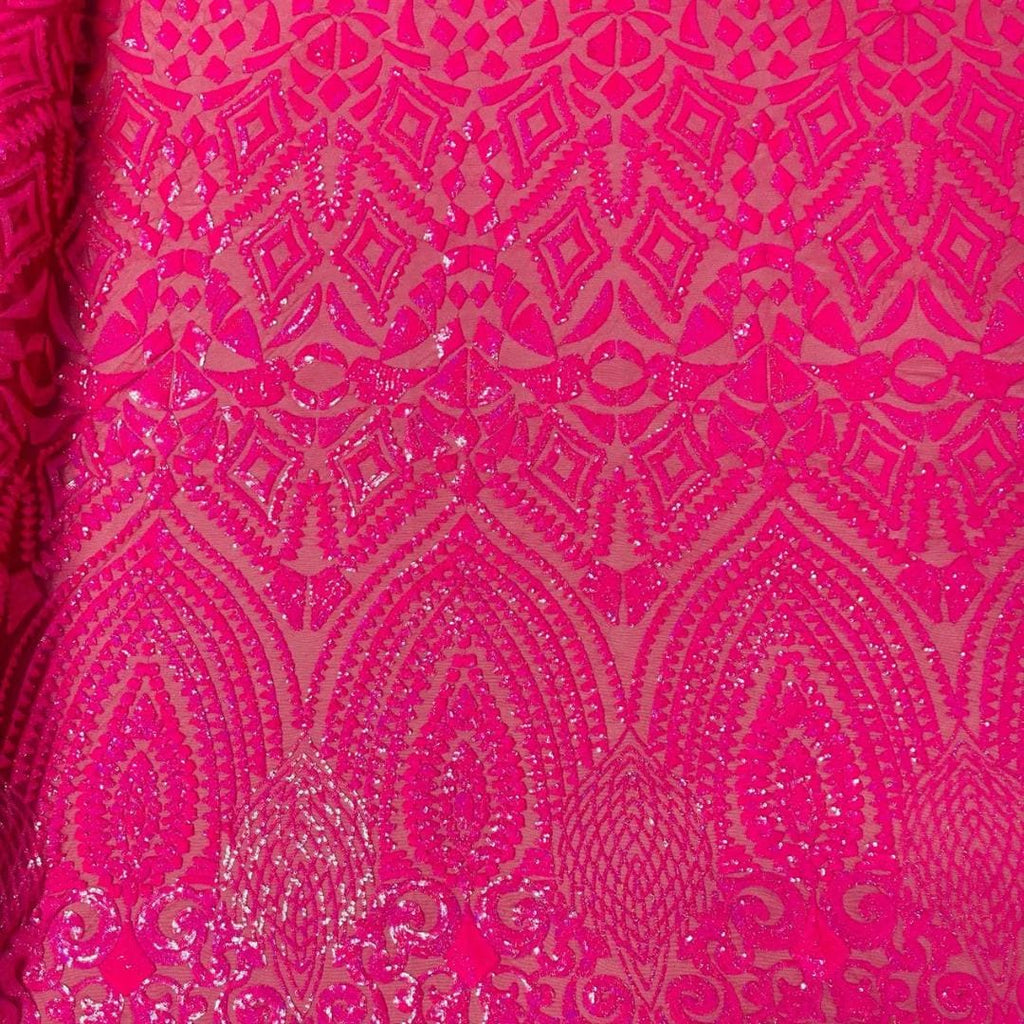 Geometric Design Luxury Iridescent Shiny Sequin - HOT PINK - 4 Way Stretch Mesh Fabric – Prom & Evening Dress Material By The Yard.