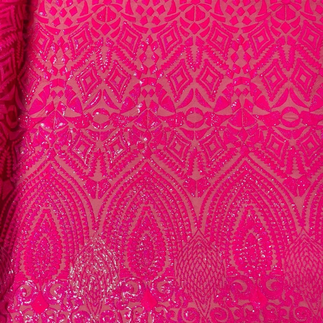 Geometric Design Luxury Iridescent Shiny Sequin - HOT PINK - 4 Way Stretch Mesh Fabric – Prom & Evening Dress Material By The Yard.