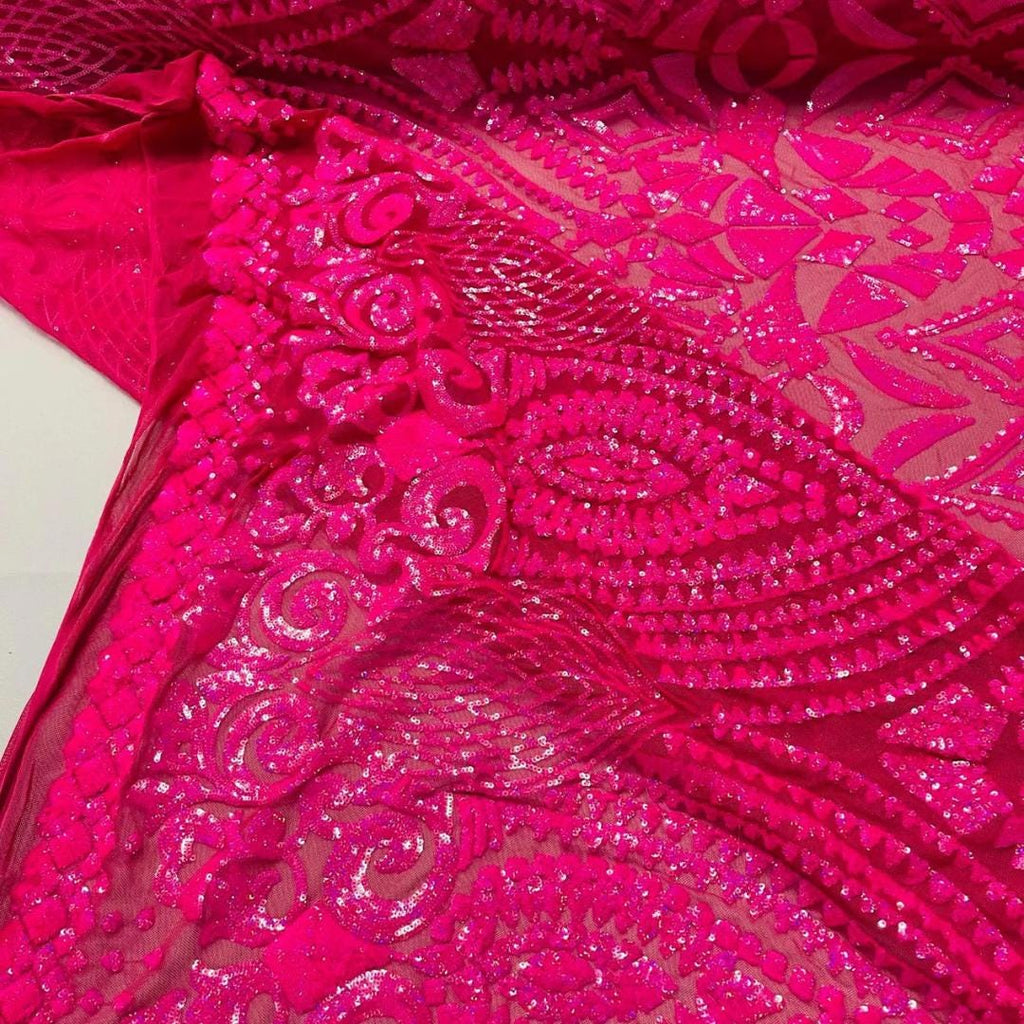 Geometric Design Luxury Iridescent Shiny Sequin - HOT PINK - 4 Way Stretch Mesh Fabric – Prom & Evening Dress Material By The Yard.