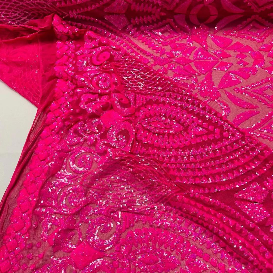 Geometric Design Luxury Iridescent Shiny Sequin - HOT PINK - 4 Way Stretch Mesh Fabric – Prom & Evening Dress Material By The Yard.