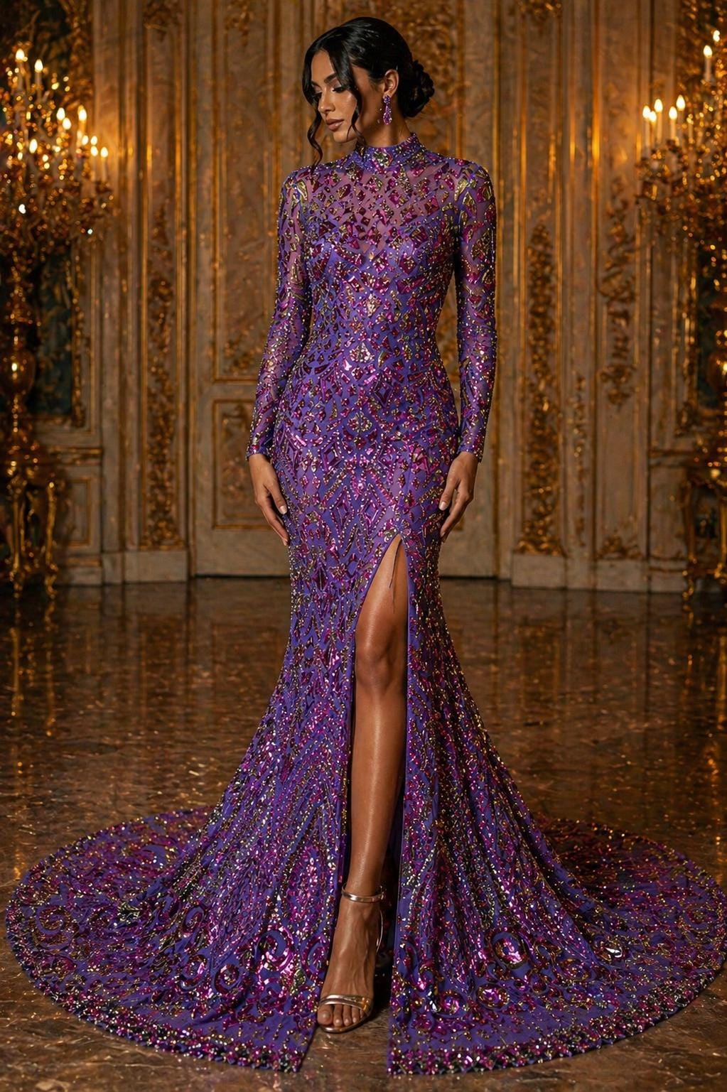Geometric Design Luxury Iridescent Shiny Sequin - PURPLE - 4 Way Stretch Mesh Fabric – Prom & Evening Dress Material By The Yard.