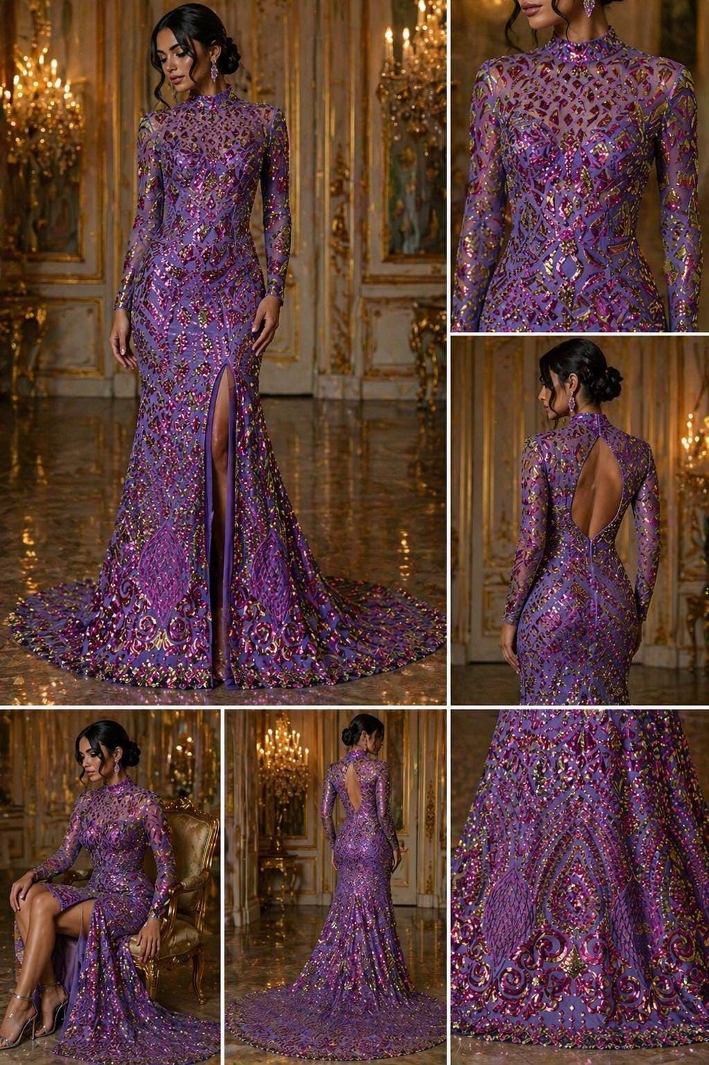 Geometric Design Luxury Iridescent Shiny Sequin - PURPLE - 4 Way Stretch Mesh Fabric – Prom & Evening Dress Material By The Yard.