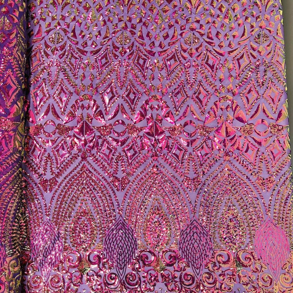 Geometric Design Luxury Iridescent Shiny Sequin - PURPLE - 4 Way Stretch Mesh Fabric – Prom & Evening Dress Material By The Yard.
