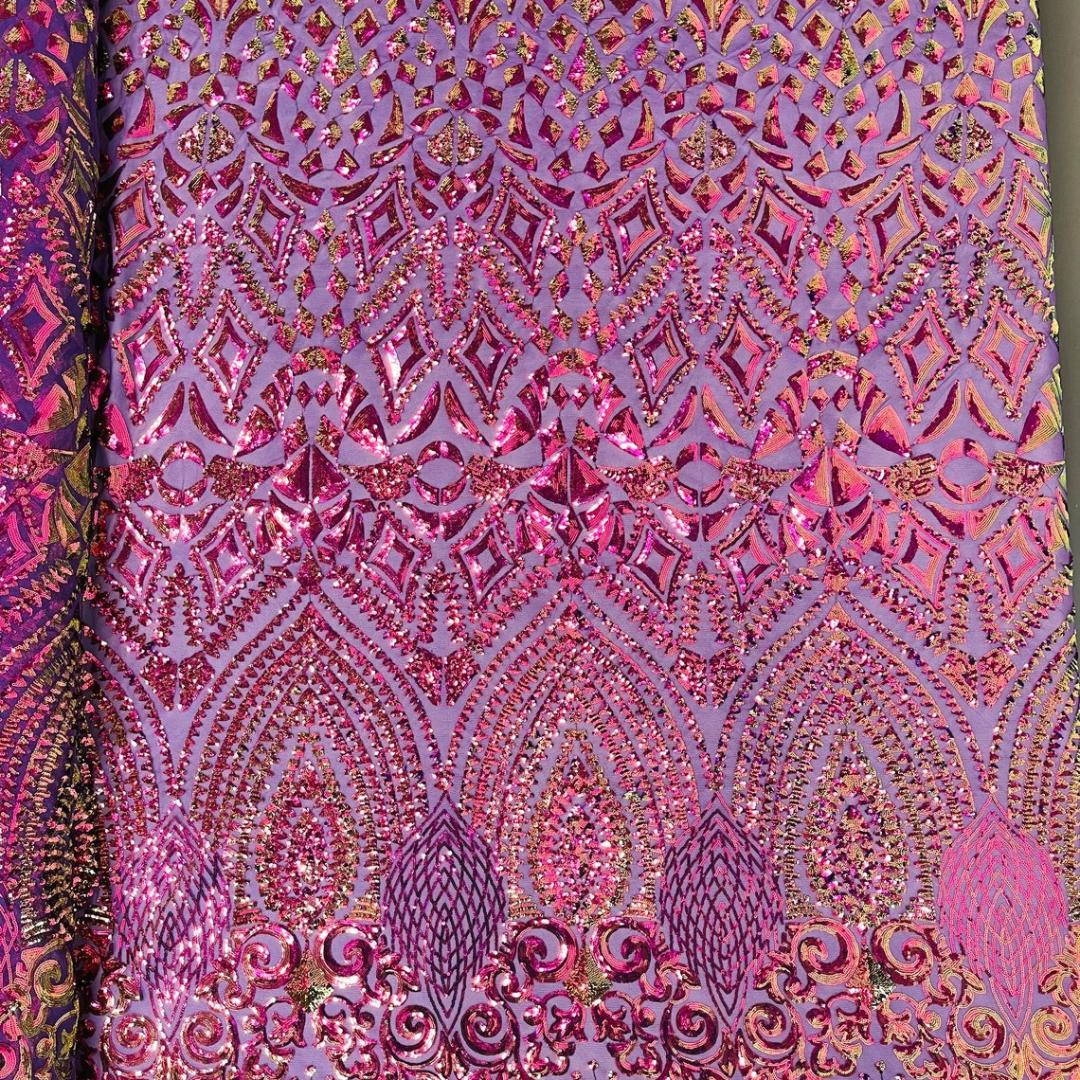 Geometric Design Luxury Iridescent Shiny Sequin - PURPLE - 4 Way Stretch Mesh Fabric – Prom & Evening Dress Material By The Yard.