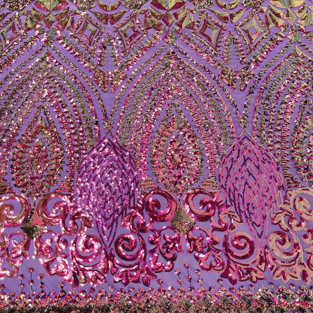 Geometric Design Luxury Iridescent Shiny Sequin - PURPLE - 4 Way Stretch Mesh Fabric – Prom & Evening Dress Material By The Yard.