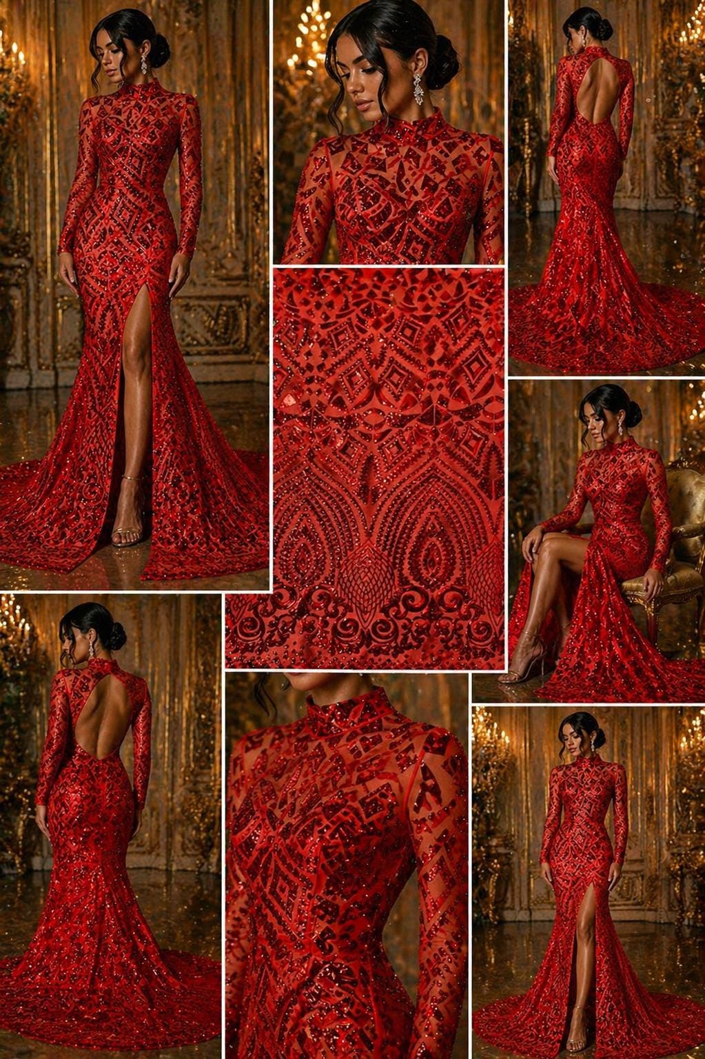 Geometric Design Luxury Shiny Sequin - RED - 4 Way Stretch Mesh Fabric – Prom & Evening Dress Material By The Yard.
