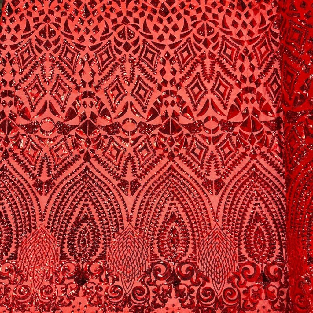 Geometric Design Luxury Shiny Sequin - RED - 4 Way Stretch Mesh Fabric – Prom & Evening Dress Material By The Yard.