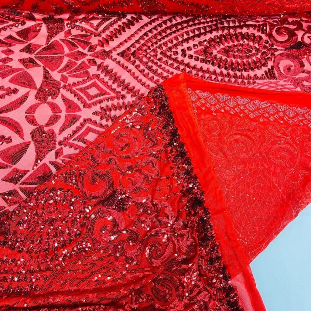 Geometric Design Luxury Shiny Sequin - RED - 4 Way Stretch Mesh Fabric – Prom & Evening Dress Material By The Yard.