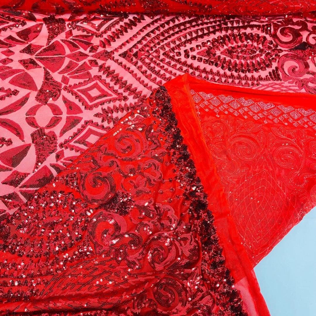 Geometric Design Luxury Shiny Sequin - RED - 4 Way Stretch Mesh Fabric – Prom & Evening Dress Material By The Yard.
