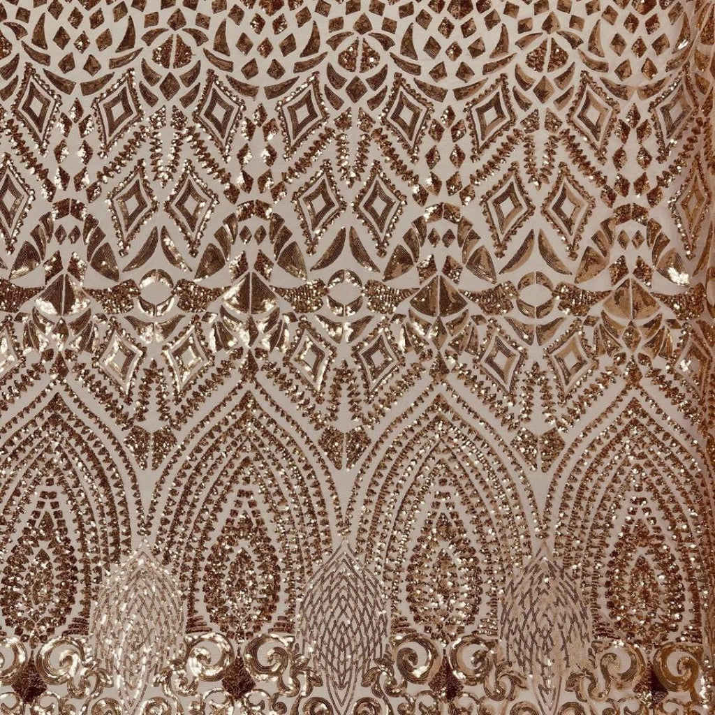 Geometric Design Luxury Shiny Sequin - ROSEGOLD - 4 Way Stretch Mesh Fabric – Prom & Evening Dress Material By The Yard.