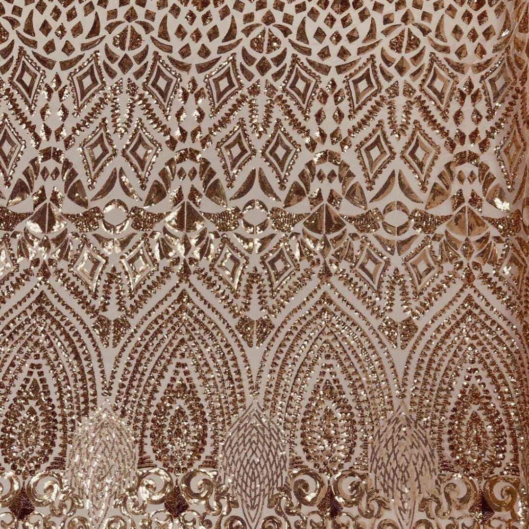 Geometric Design Luxury Shiny Sequin - ROSEGOLD - 4 Way Stretch Mesh Fabric – Prom & Evening Dress Material By The Yard.