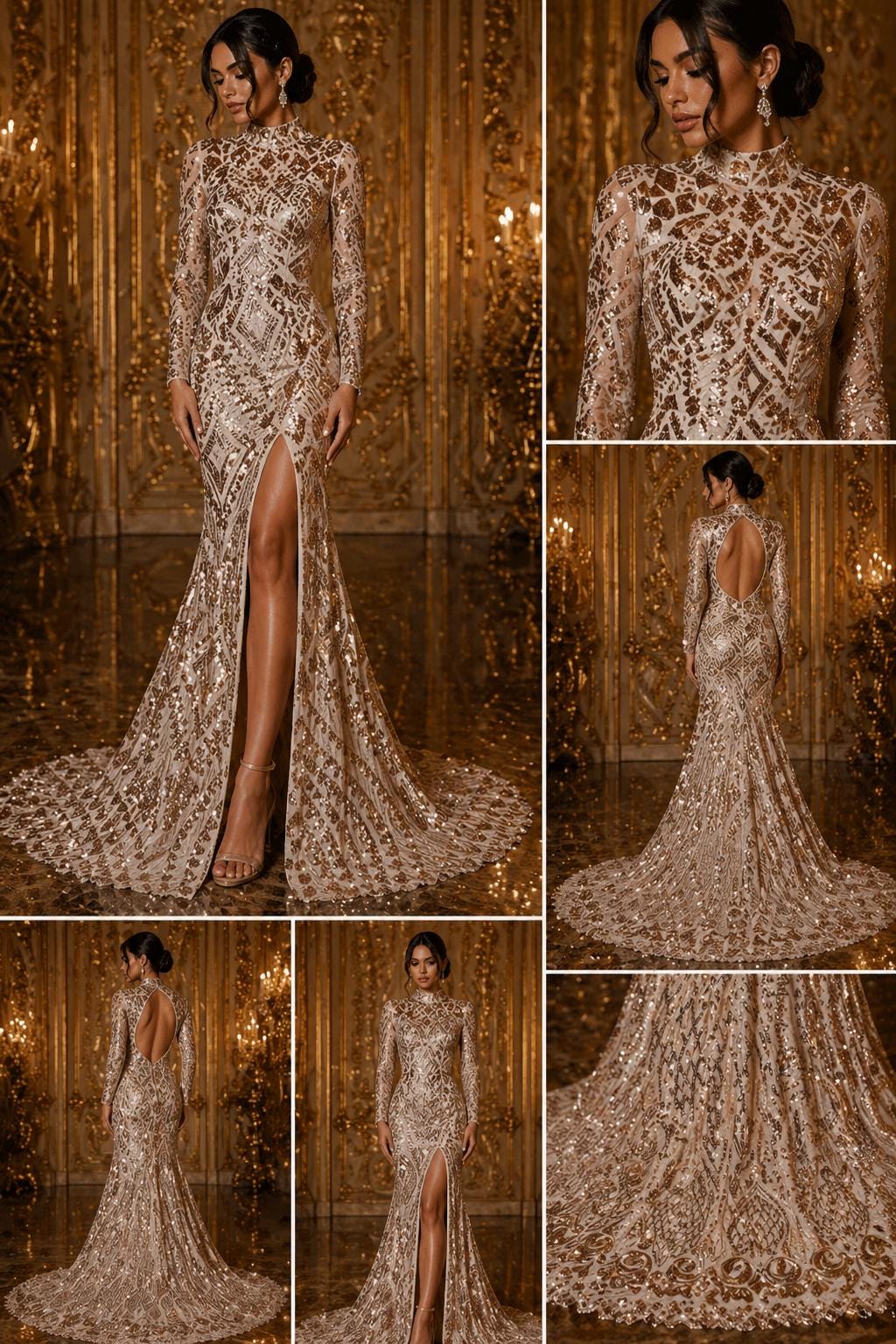 Geometric Design Luxury Shiny Sequin - ROSEGOLD - 4 Way Stretch Mesh Fabric – Prom & Evening Dress Material By The Yard.