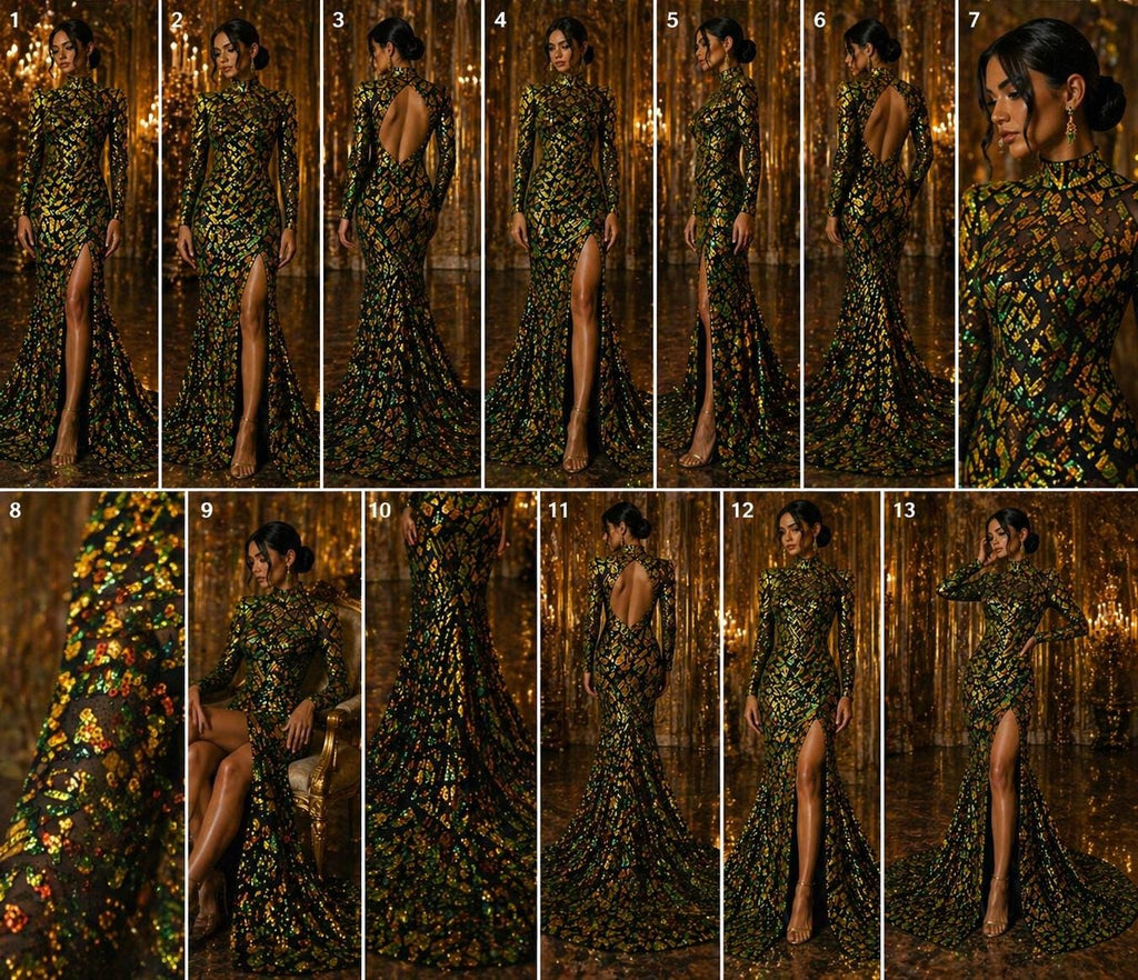 Geometric Design Luxury Iridescent Shiny Sequin - ORANGE/GREEN - 4 Way Stretch Mesh Fabric – Prom & Evening Dress Material By The Yard.