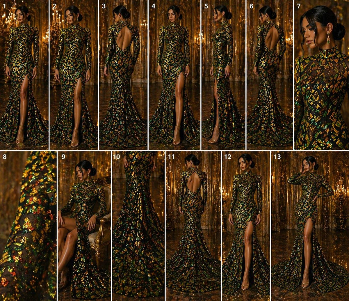 Geometric Design Luxury Iridescent Shiny Sequin - ORANGE/GREEN - 4 Way Stretch Mesh Fabric – Prom & Evening Dress Material By The Yard.
