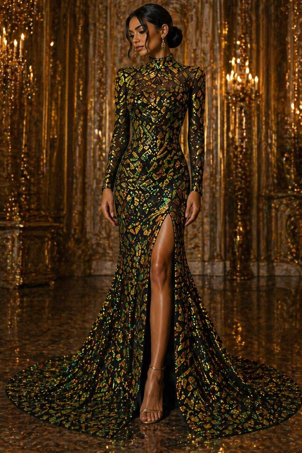 Geometric Design Luxury Iridescent Shiny Sequin - ORANGE/GREEN - 4 Way Stretch Mesh Fabric – Prom & Evening Dress Material By The Yard.