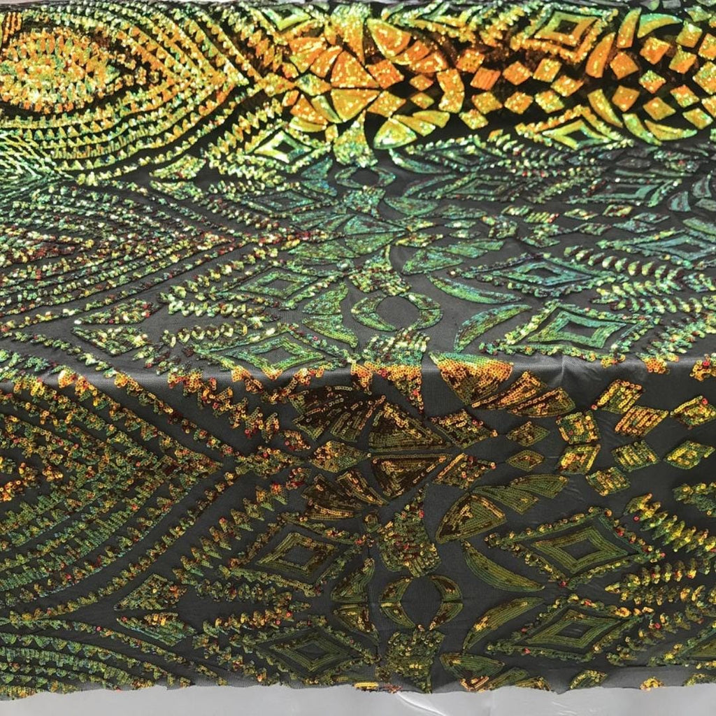 Geometric Design Luxury Iridescent Shiny Sequin - ORANGE/GREEN - 4 Way Stretch Mesh Fabric – Prom & Evening Dress Material By The Yard.