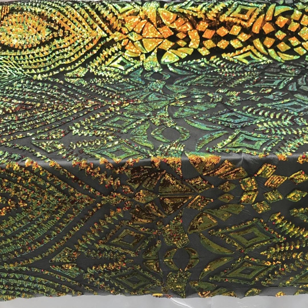 Geometric Design Luxury Iridescent Shiny Sequin - ORANGE/GREEN - 4 Way Stretch Mesh Fabric – Prom & Evening Dress Material By The Yard.