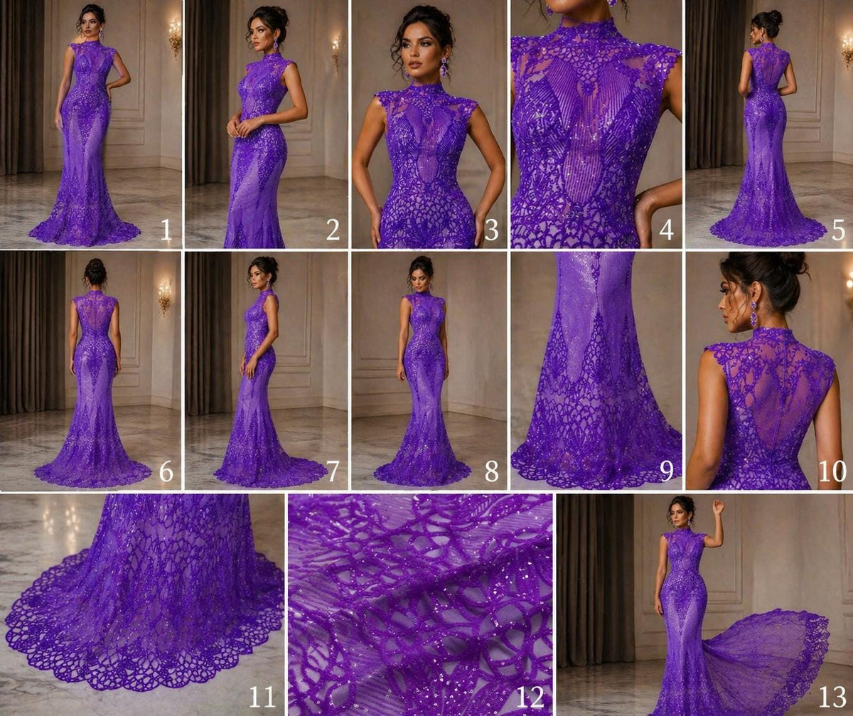 Glossy Design Luxury Shiny Sequin - LILAC - 4 Way Stretch Mesh Fabric – Prom & Evening Dress Material By The Yard.
