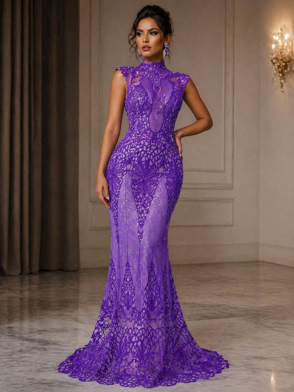 Glossy Design Luxury Shiny Sequin - LILAC - 4 Way Stretch Mesh Fabric – Prom & Evening Dress Material By The Yard.