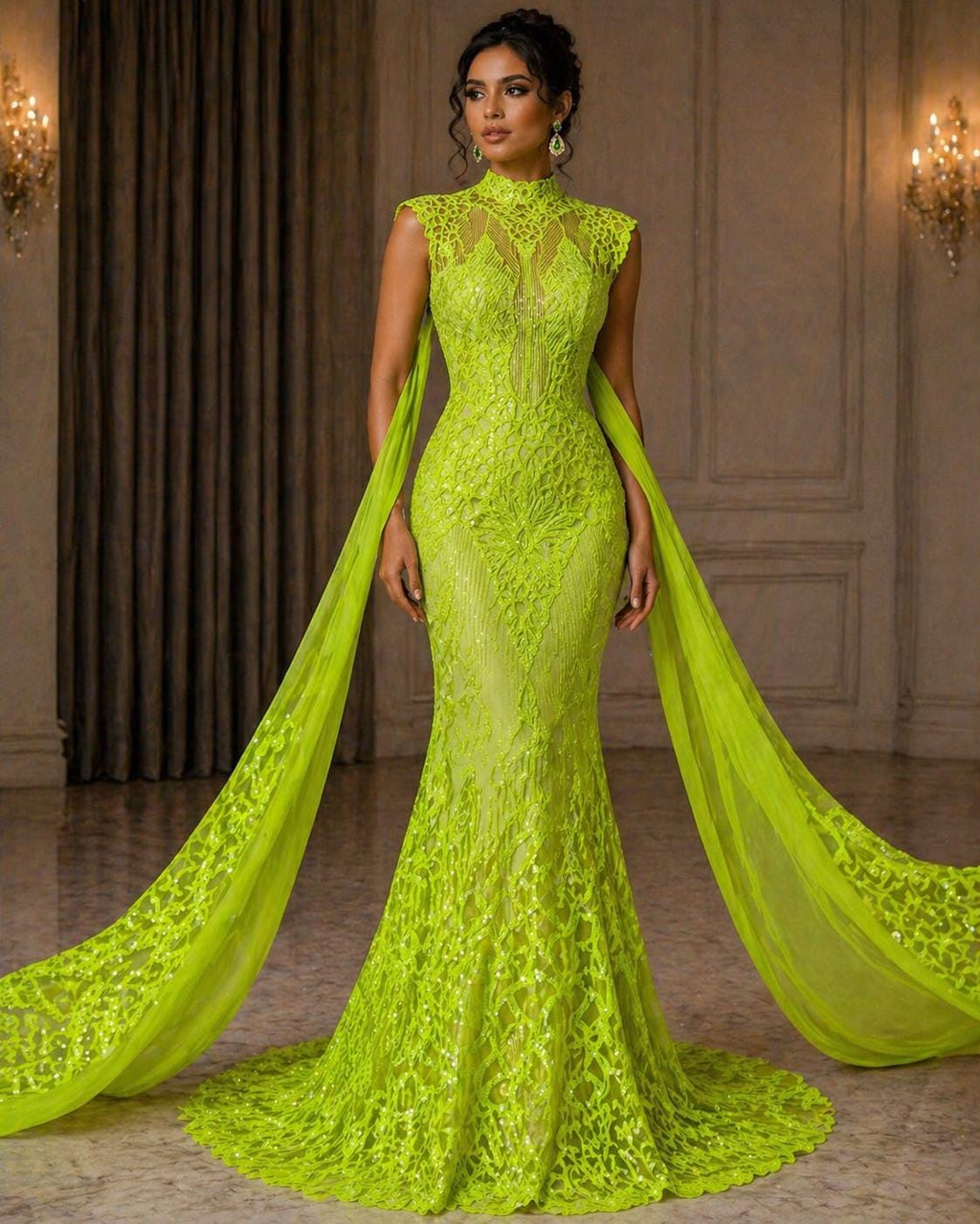 Glossy Design Luxury Shiny Sequin - NEON GREEN - 4 Way Stretch Mesh Fabric – Prom & Evening Dress Material By The Yard.