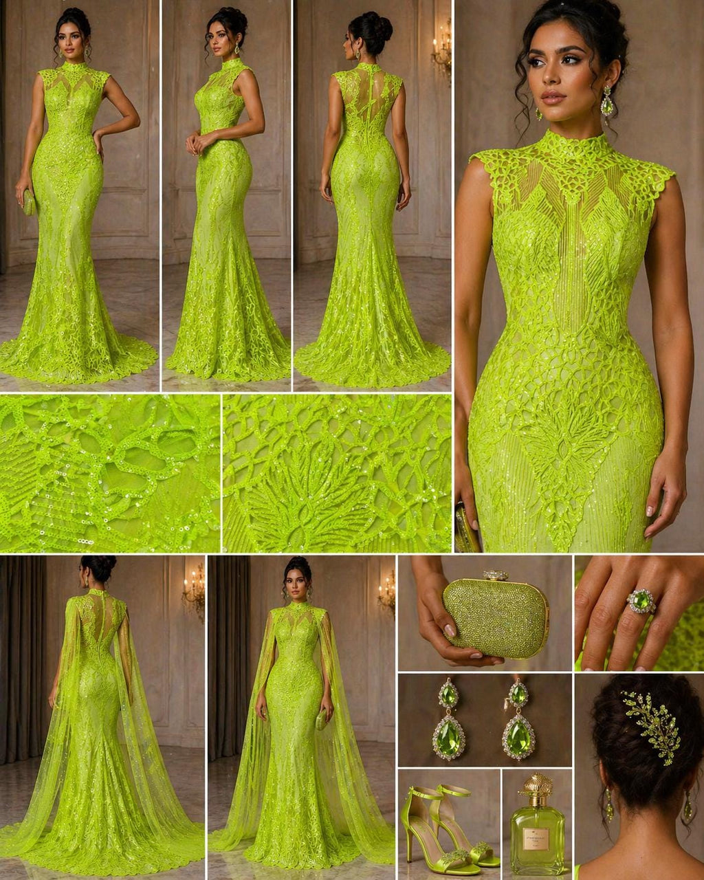 Glossy Design Luxury Shiny Sequin - NEON GREEN - 4 Way Stretch Mesh Fabric – Prom & Evening Dress Material By The Yard.