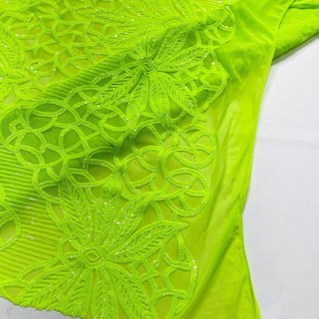 Glossy Design Luxury Shiny Sequin - NEON GREEN - 4 Way Stretch Mesh Fabric – Prom & Evening Dress Material By The Yard.