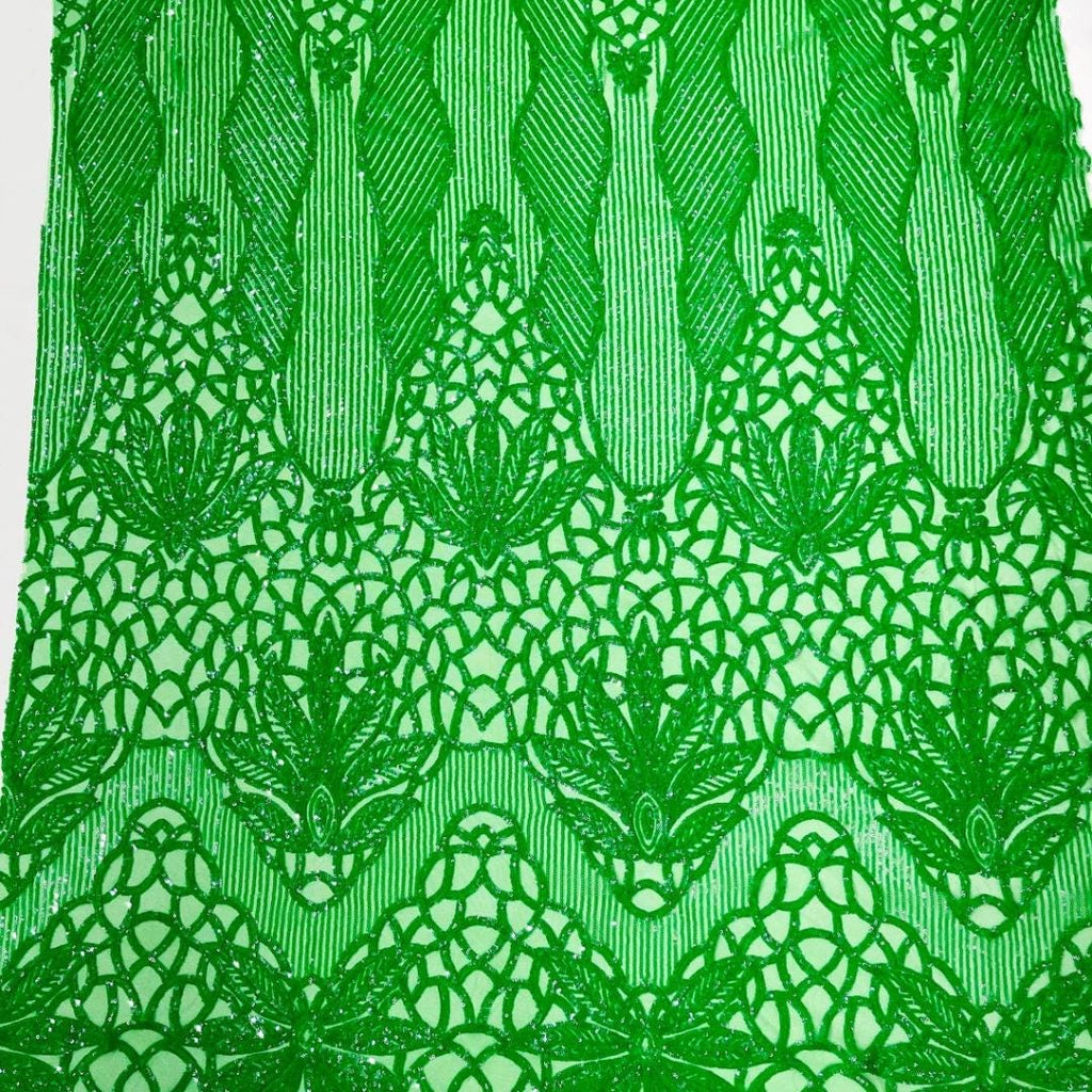 Glossy Design Luxury Shiny Sequin - GREEN - 4 Way Stretch Mesh Fabric – Prom & Evening Dress Material By The Yard.