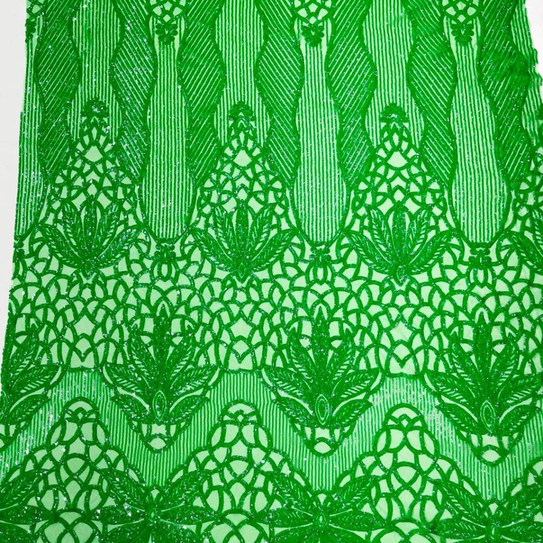 Glossy Design Luxury Shiny Sequin - GREEN - 4 Way Stretch Mesh Fabric – Prom & Evening Dress Material By The Yard.