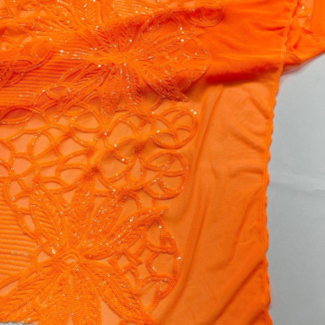 Glossy Design Luxury Shiny Sequin - NEON ORANGE - 4 Way Stretch Mesh Fabric – Prom & Evening Dress Material By The Yard.