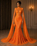 Glossy Design Luxury Shiny Sequin - NEON ORANGE - 4 Way Stretch Mesh Fabric – Prom & Evening Dress Material By The Yard.