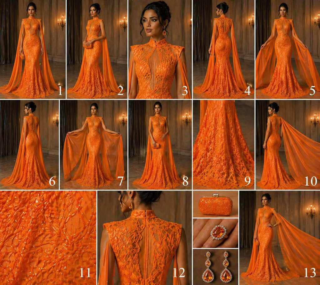 Glossy Design Luxury Shiny Sequin - NEON ORANGE - 4 Way Stretch Mesh Fabric – Prom & Evening Dress Material By The Yard.