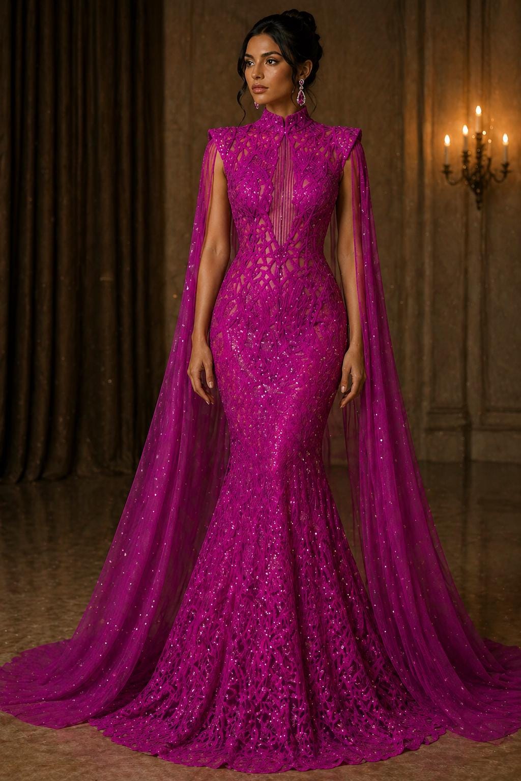 Glossy Design Luxury Shiny Sequin - MAGENTA - 4 Way Stretch Mesh Fabric – Prom & Evening Dress Material By The Yard.
