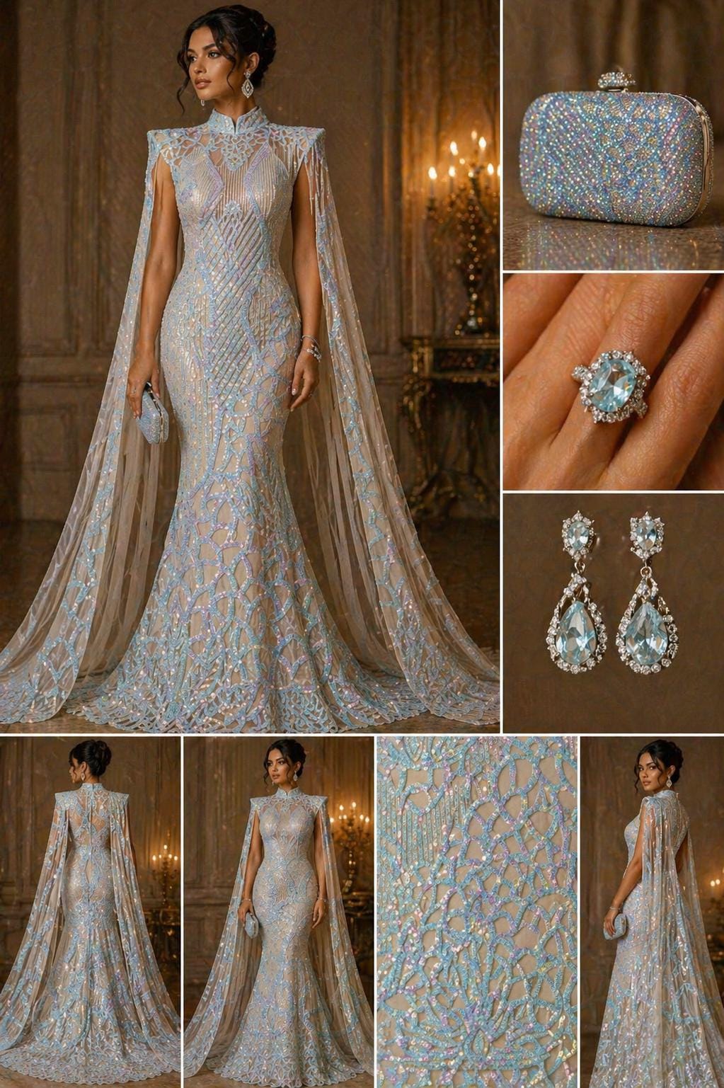 Glossy Iridescent Design Luxury Shiny Sequin - AQUA - 4 Way Stretch Mesh Fabric – Prom & Evening Dress Material By The Yard.