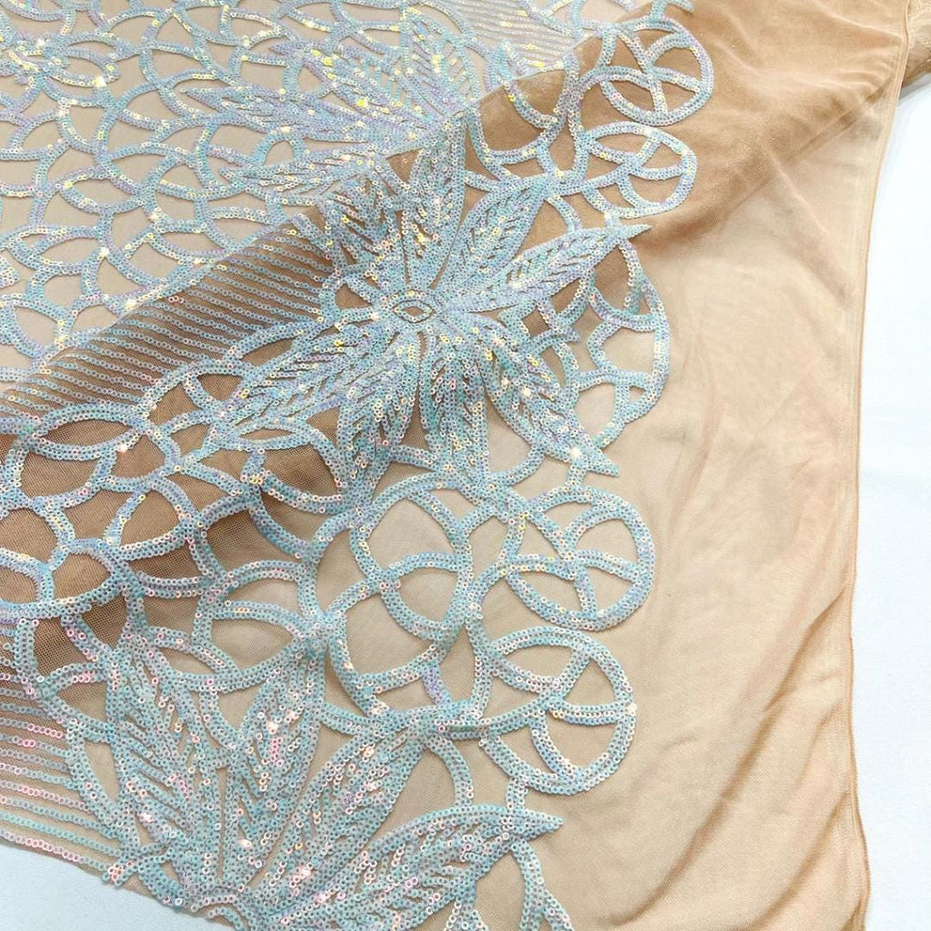 Glossy Iridescent Design Luxury Shiny Sequin - AQUA - 4 Way Stretch Mesh Fabric – Prom & Evening Dress Material By The Yard.