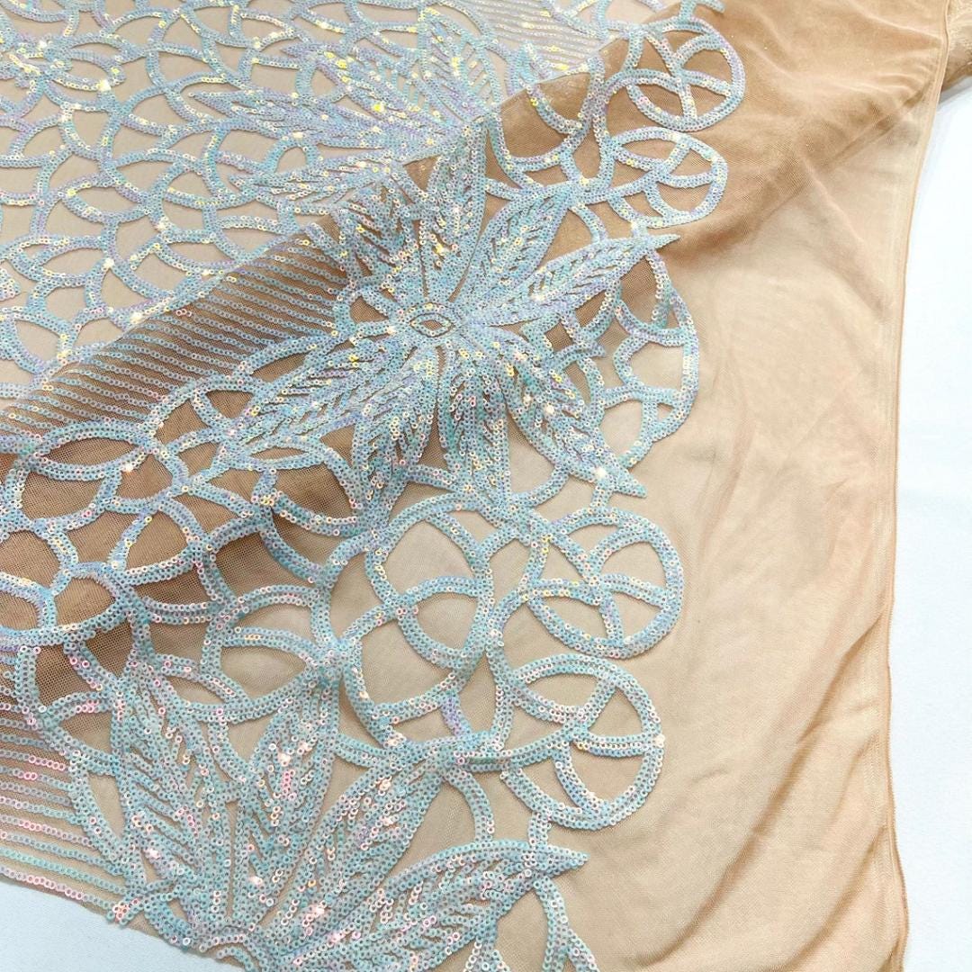 Glossy Iridescent Design Luxury Shiny Sequin - AQUA - 4 Way Stretch Mesh Fabric – Prom & Evening Dress Material By The Yard.