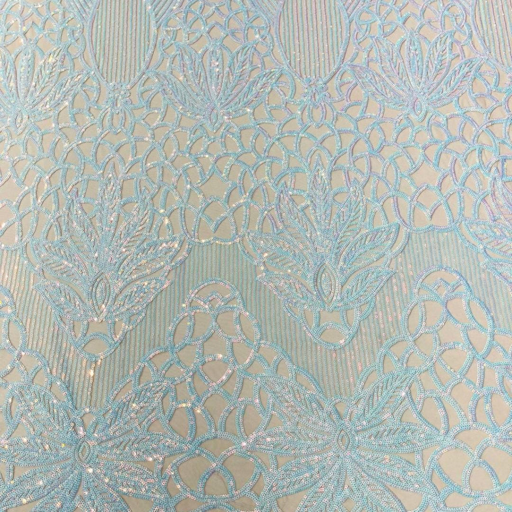 Glossy Iridescent Design Luxury Shiny Sequin - AQUA - 4 Way Stretch Mesh Fabric – Prom & Evening Dress Material By The Yard.