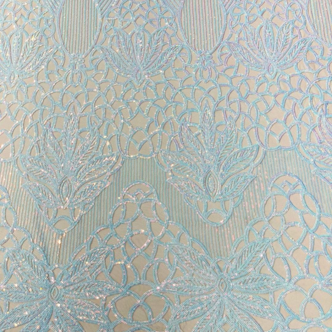 Glossy Iridescent Design Luxury Shiny Sequin - AQUA - 4 Way Stretch Mesh Fabric – Prom & Evening Dress Material By The Yard.