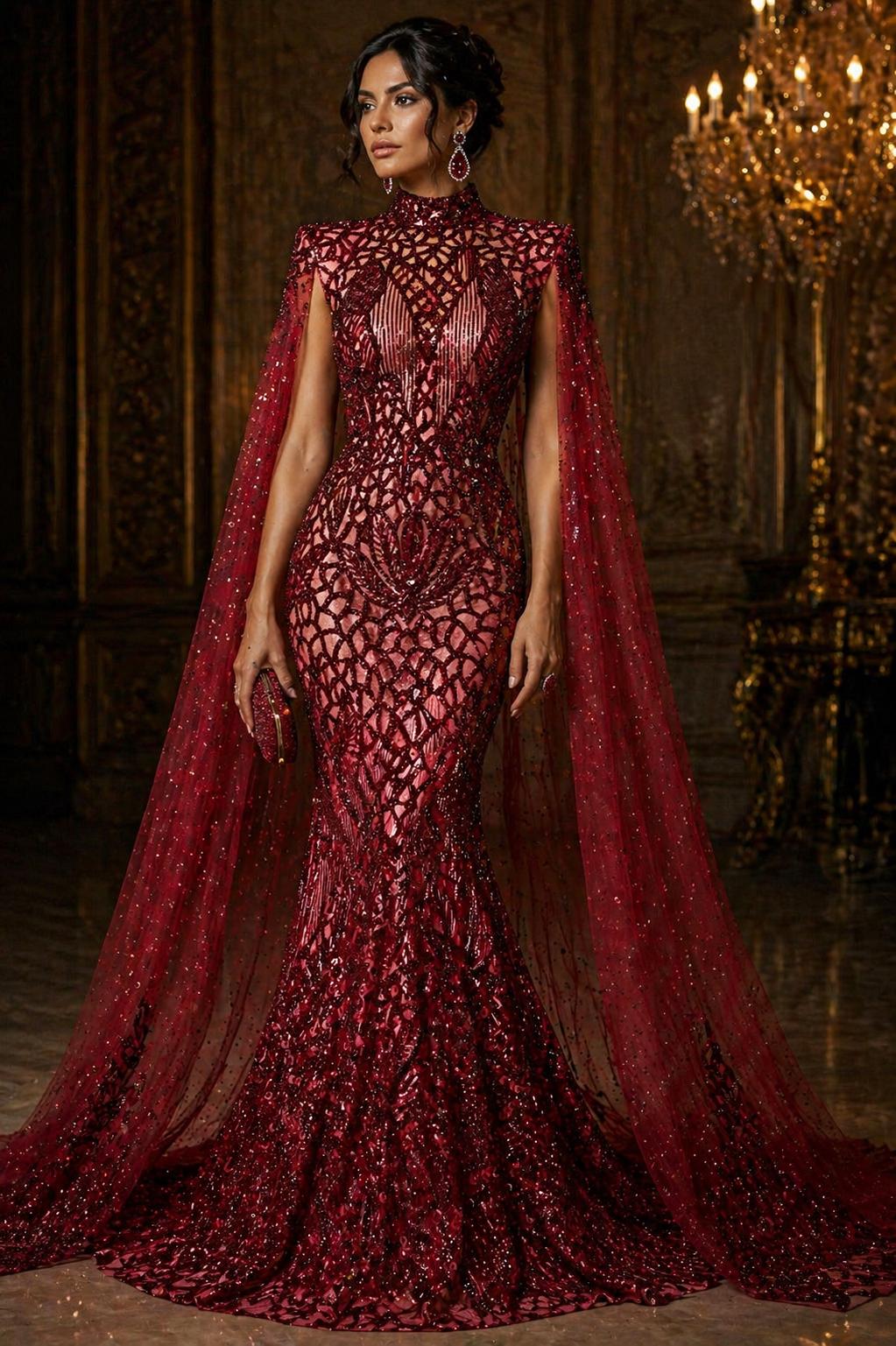 Glossy Design Luxury Shiny Sequin - BURGUNDY - 4 Way Stretch Mesh Fabric – Prom & Evening Dress Material By The Yard.