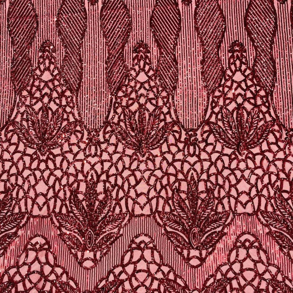 Glossy Design Luxury Shiny Sequin - BURGUNDY - 4 Way Stretch Mesh Fabric – Prom & Evening Dress Material By The Yard.